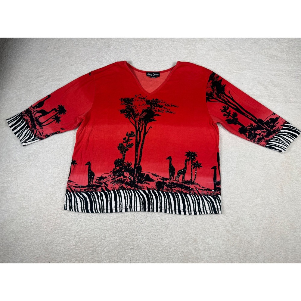 Gaudy Couture Safari Top Womens 1X Red Excellent Rhinestone Zebra Giraffe Print